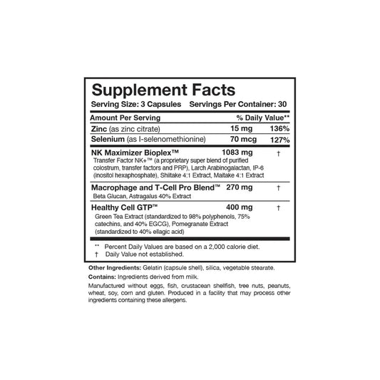Close up of the Transfer Factor Multi Immune supplement facts label detailing the proprietary blend of transfer factors botanical extracts and essential minerals