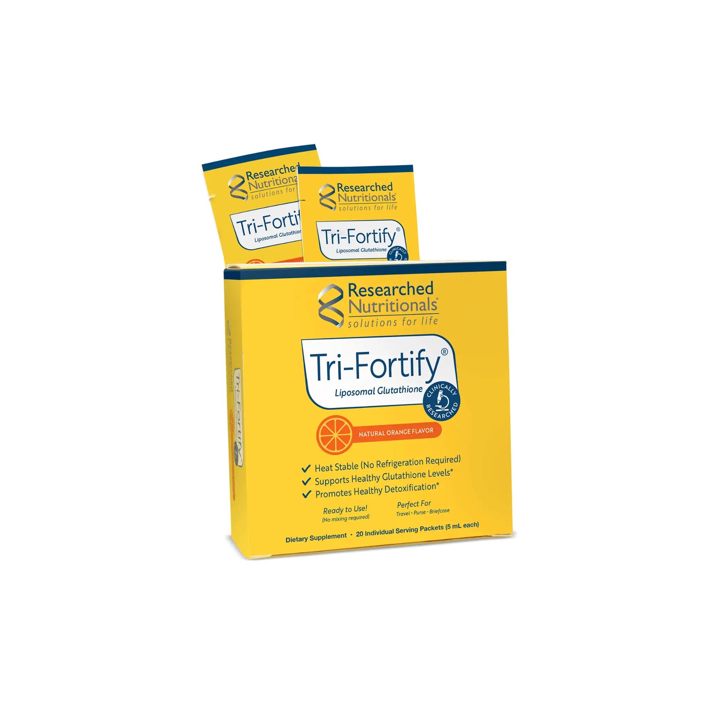 Individual Tri Fortify liposomal glutathione orange flavored packets showing the convenient portable delivery system for cellular health