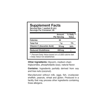 Close up of the Tri Fortify packet supplement facts label detailing the liposomal glutathione and vitamin C content and heat stable formula details