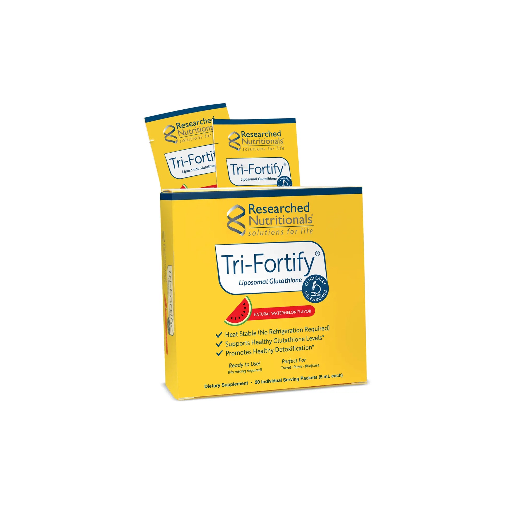 Individual Tri Fortify liposomal glutathione watermelon flavored packets showing the convenient portable delivery system for cellular health