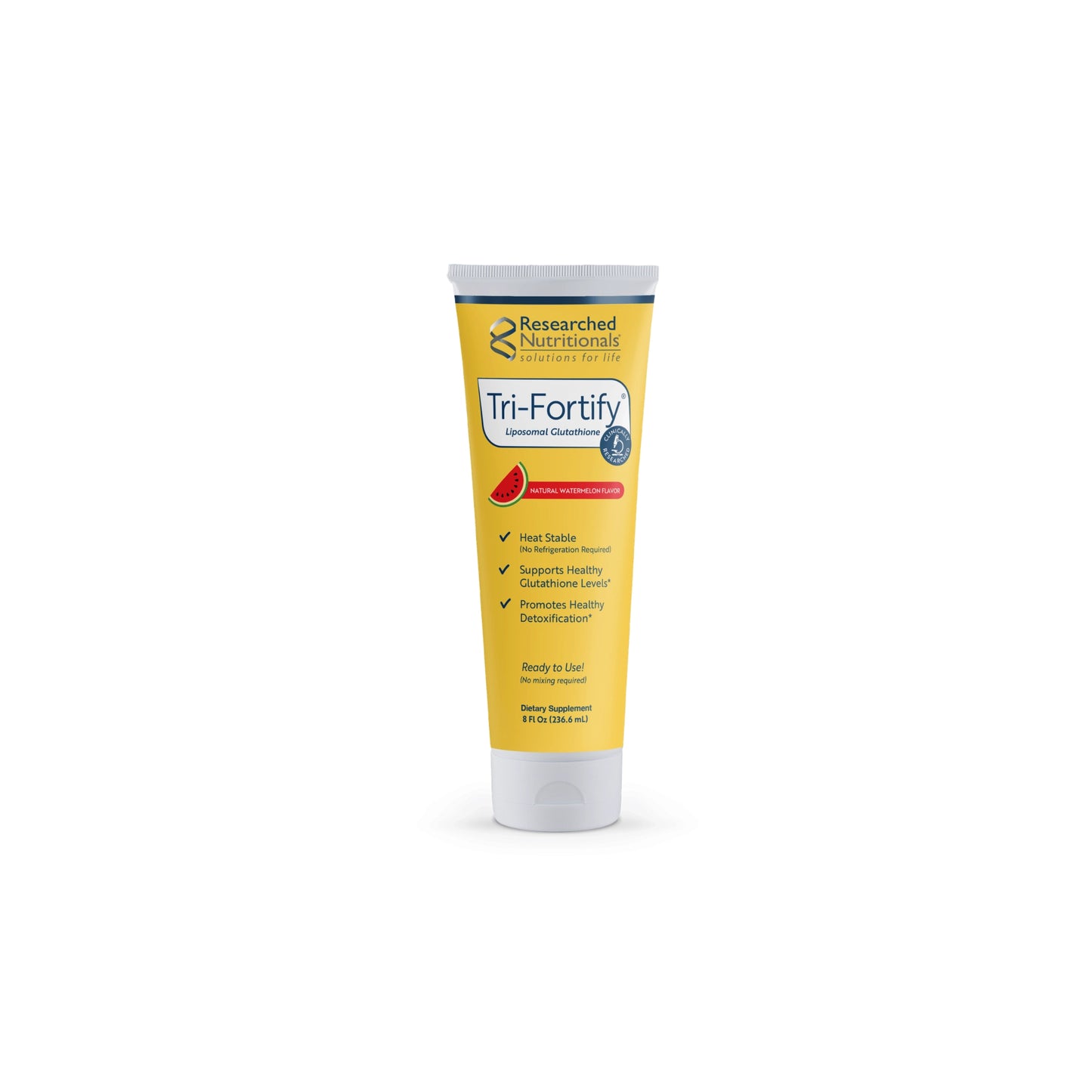 Front view of the Tri Fortify Watermelon tube by Researched Nutritionals showing the liposomal glutathione delivery system