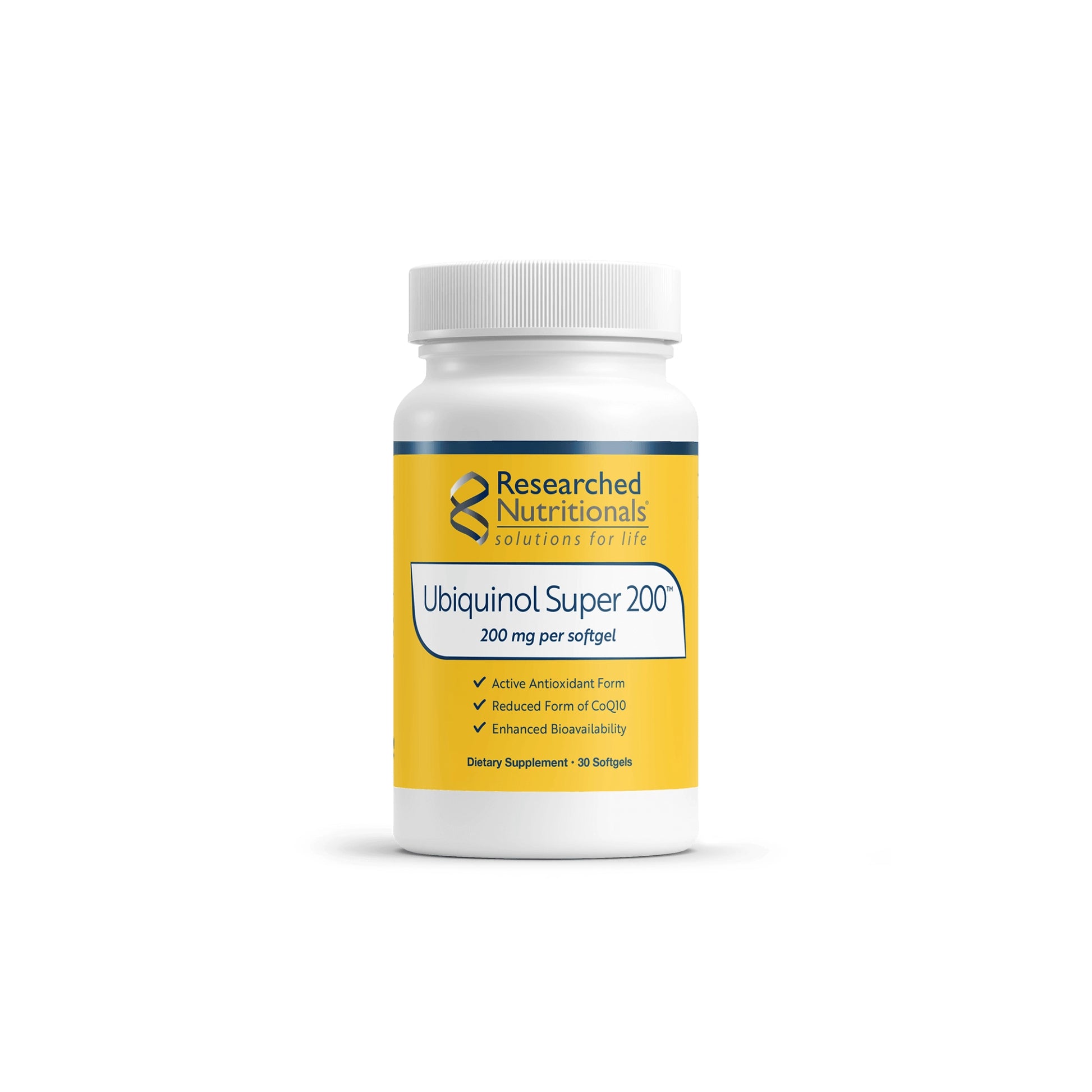 Front view of the Researched Nutritionals Ubiquinol Super 200 30 softgels bottle highlighting the enhanced bioactivity CoQ10 formula for antioxidant and cellular energy support