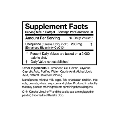 Close up of the Ubiquinol Super 200 label detailing the two hundred milligrams of Kaneka Ubiquinol along with d limonene oil and alpha lipoic acid ingredients