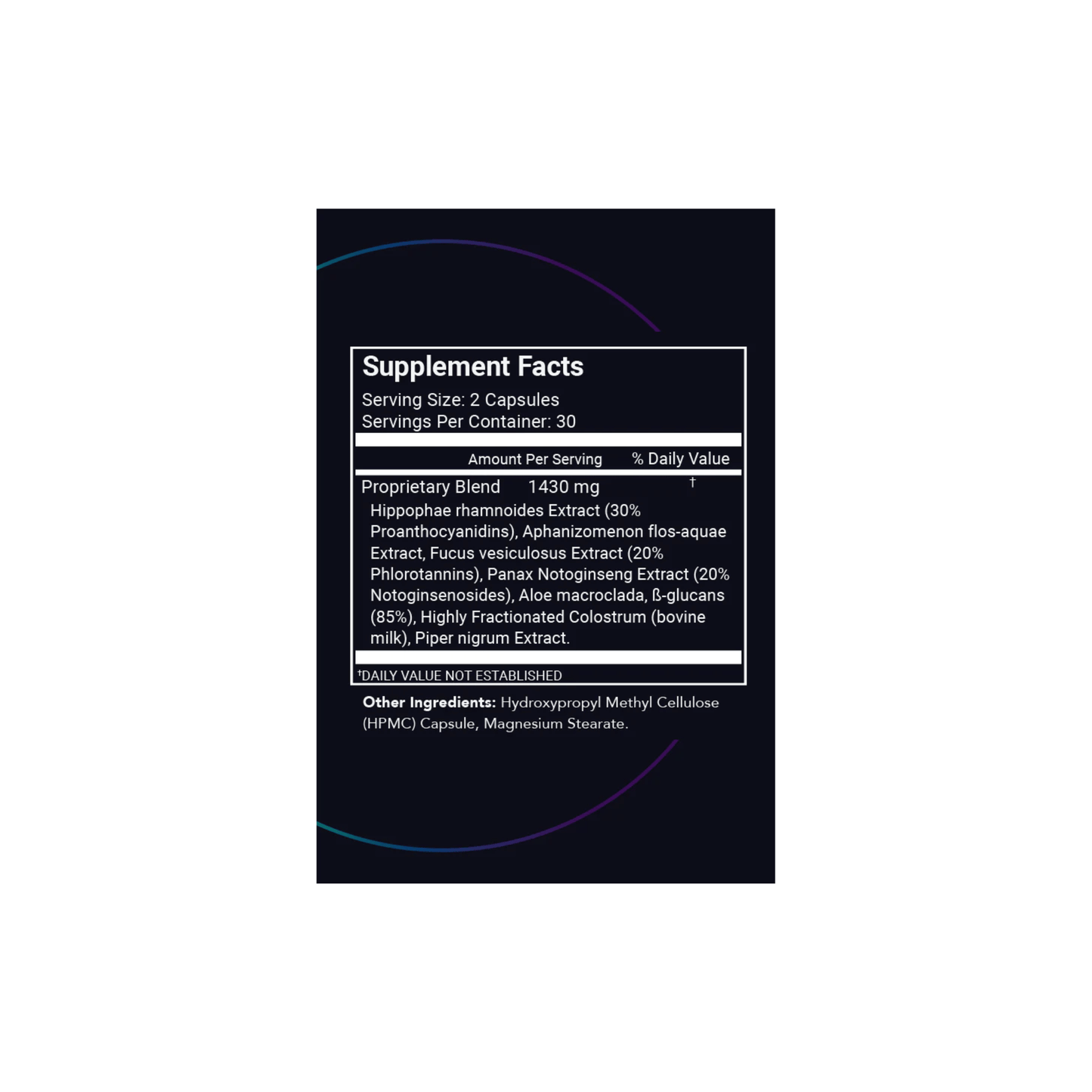 Supplement Facts label for STEMREGEN Release showing natural ingredients including AFA extract, sea buckthorn, aloe macroclada, and fucoidan for stem cell support