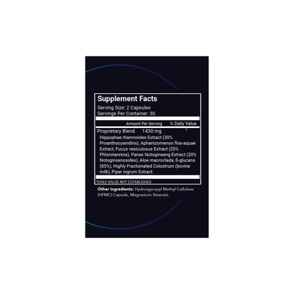 Supplement Facts label for STEMREGEN Release showing natural ingredients including AFA extract, sea buckthorn, aloe macroclada, and fucoidan for stem cell support