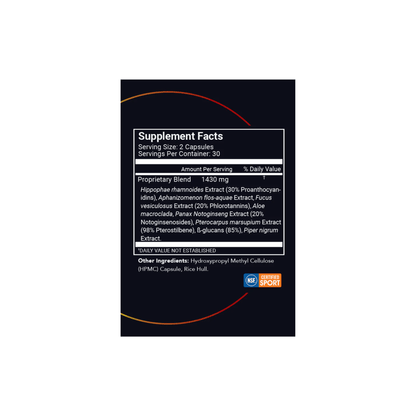 Supplement Facts label for STEMREGEN Sport showing natural ingredients that enhance stem cell release, tissue repair, and cellular recovery