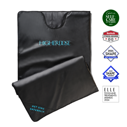 Portable black Infrared Sauna Blanket by HigherDOSE with heat control, designed for detox, relaxation, and glowing skin.