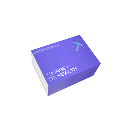 Front view of the TruDiagnostic combination kit containing the collection tools for both the TruAge biological age test and the TruHealth multi systems health assessment