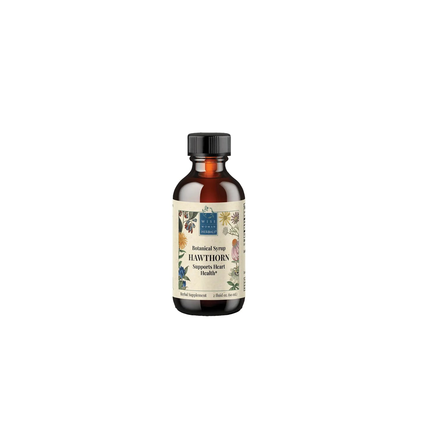 Front view of Wise Woman Herbals Hawthorn Botanical Syrup 2 ounce bottle highlighting the concentrated cardiovascular and heart support formula