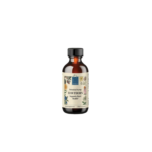 Front view of Wise Woman Herbals Hawthorn Botanical Syrup 2 ounce bottle highlighting the concentrated cardiovascular and heart support formula