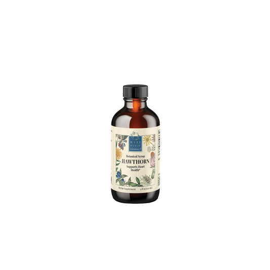 Front view of Wise Woman Herbals Hawthorn Botanical Syrup 4 ounce bottle highlighting the concentrated cardiovascular and heart support formula