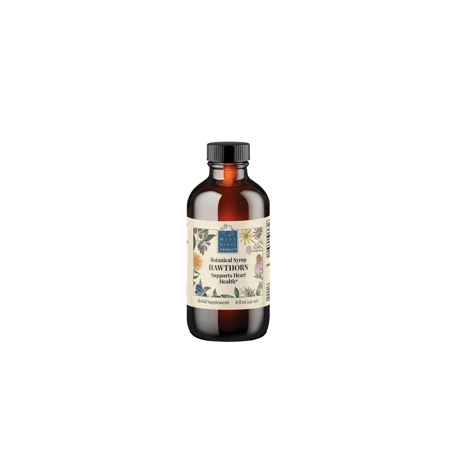 Front view of Wise Woman Herbals Hawthorn Botanical Syrup 8 ounce bottle highlighting the concentrated cardiovascular and heart support formula