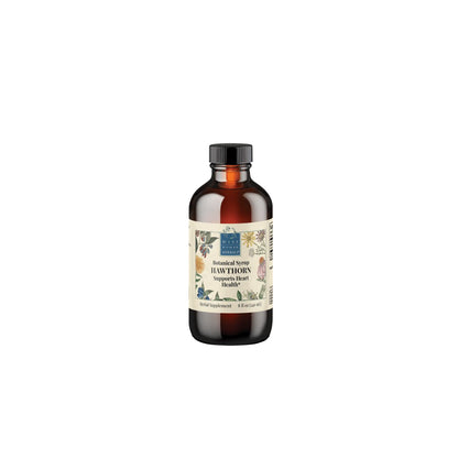 Front view of Wise Woman Herbals Hawthorn Botanical Syrup 8 ounce bottle highlighting the concentrated cardiovascular and heart support formula