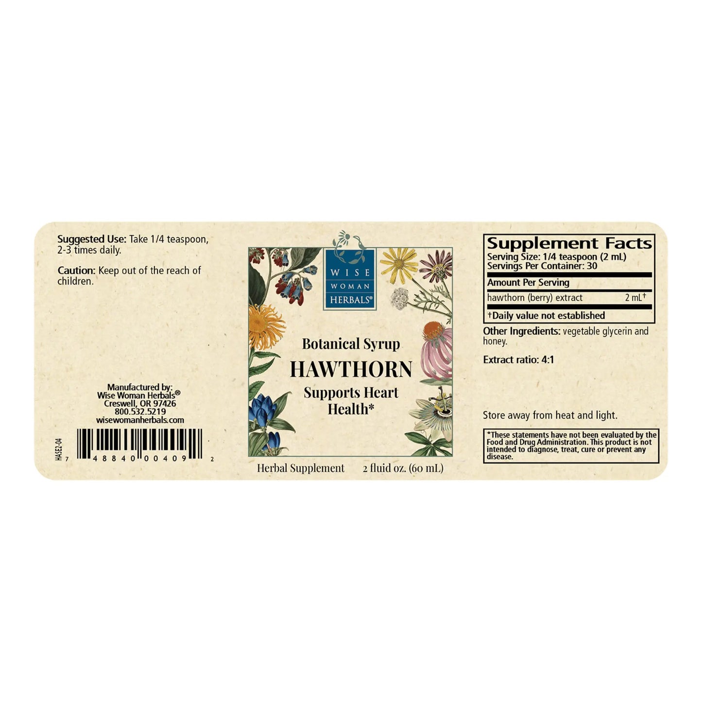 Close up of the Hawthorn Botanical Syrup 2 ounce label detailing the hawthorn berry concentration and nutritional supplement facts