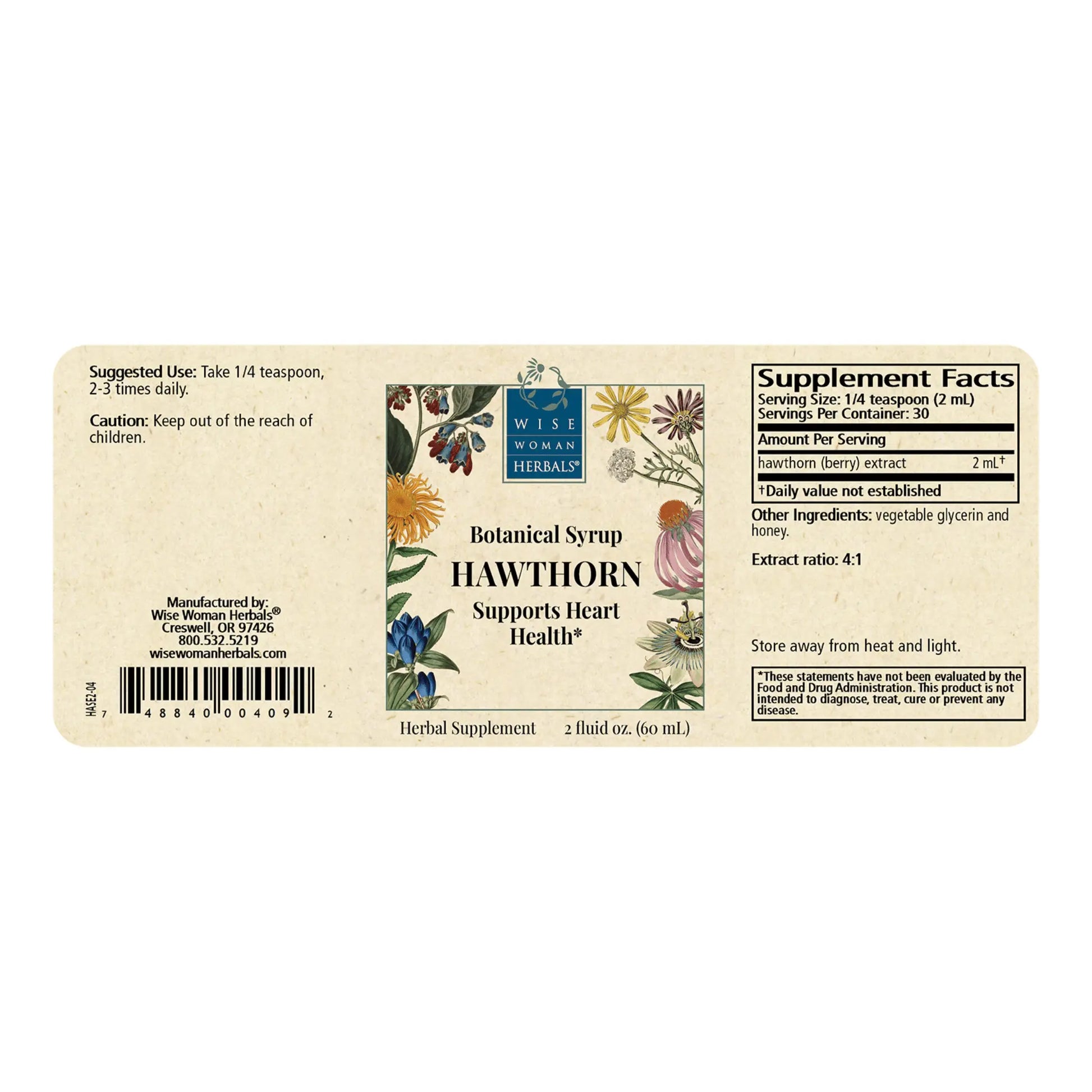 Close up of the Hawthorn Botanical Syrup 2 ounce label detailing the hawthorn berry concentration and nutritional supplement facts