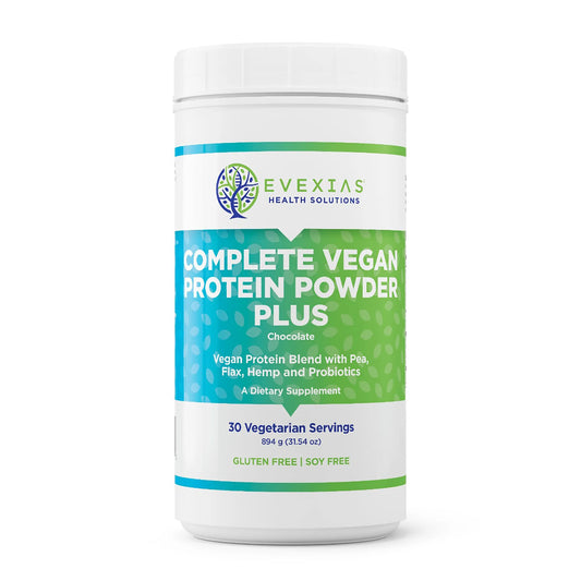 evexias health complete vegan protein powder plus chocolate bottle front label