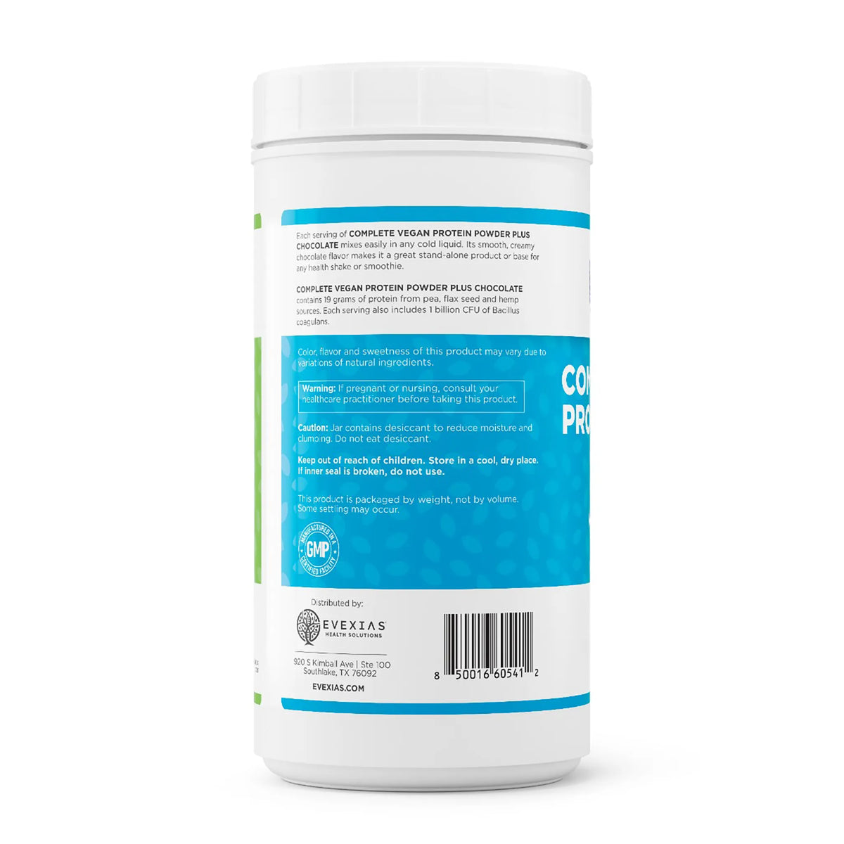 evexias health complete vegan protein powder plus chocolate bottle information label