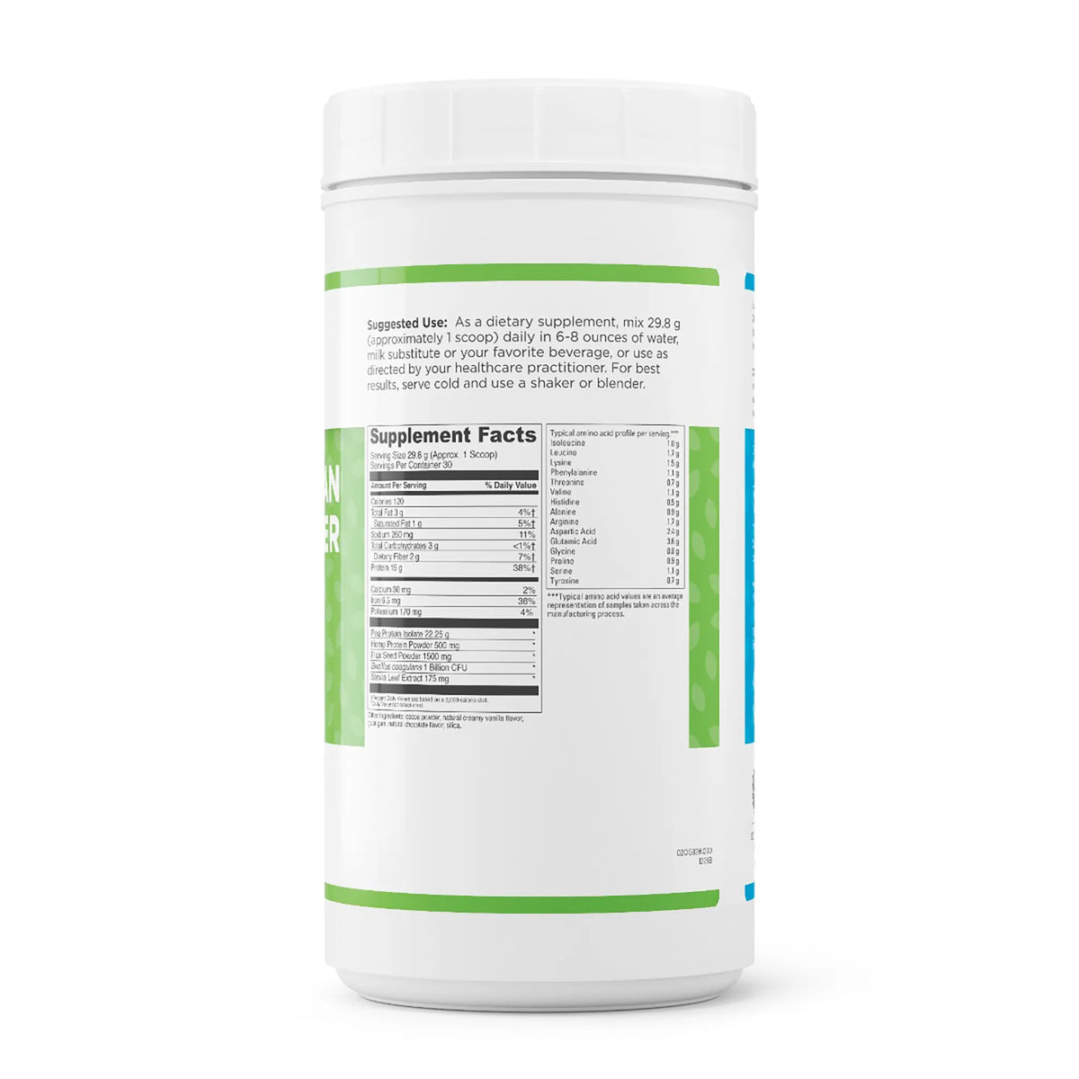 evexias health complete vegan protein powder plus chocolate bottle ingredients supplement facts label