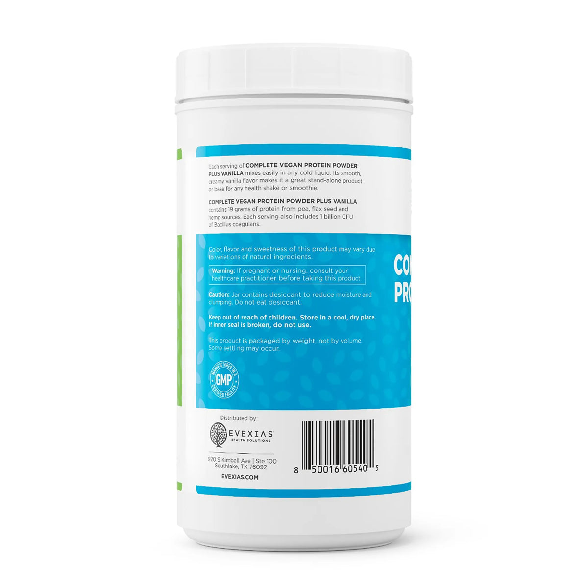 evexias health complete vegan protein powder plus vanilla bottle information label