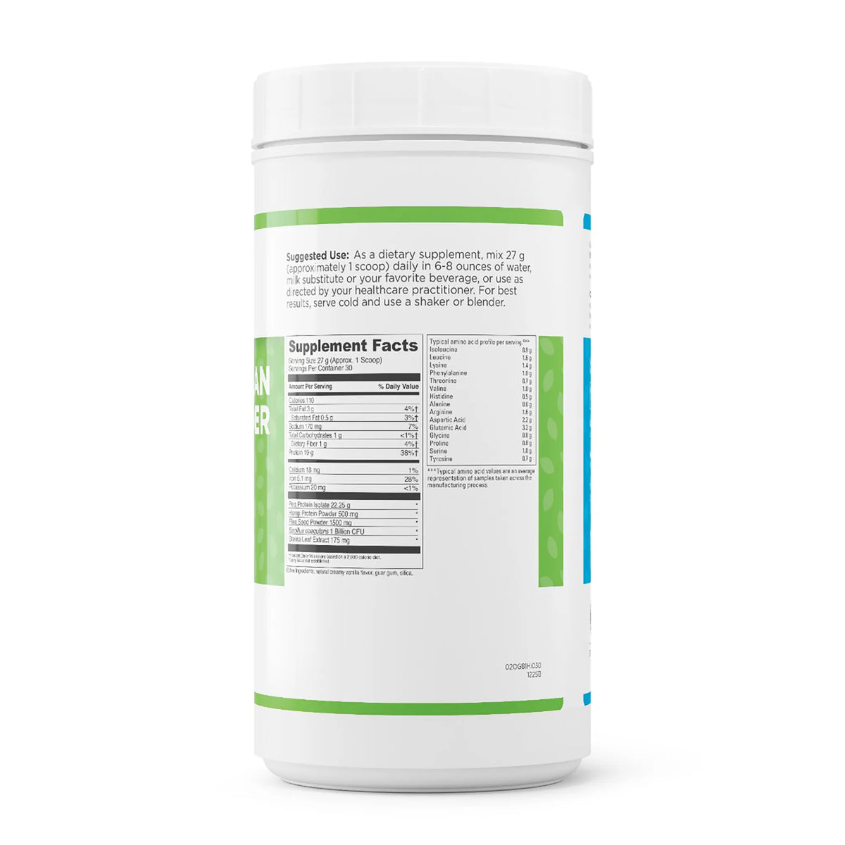 evexias health complete vegan protein powder plus vanilla bottle ingredients supplement facts label