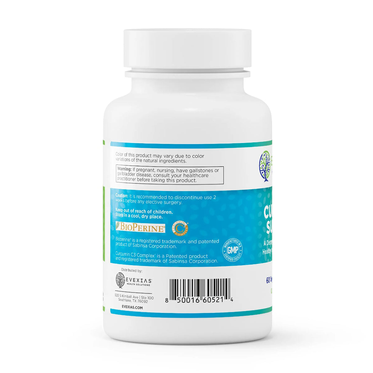 evexias health curcumin support bottle information label