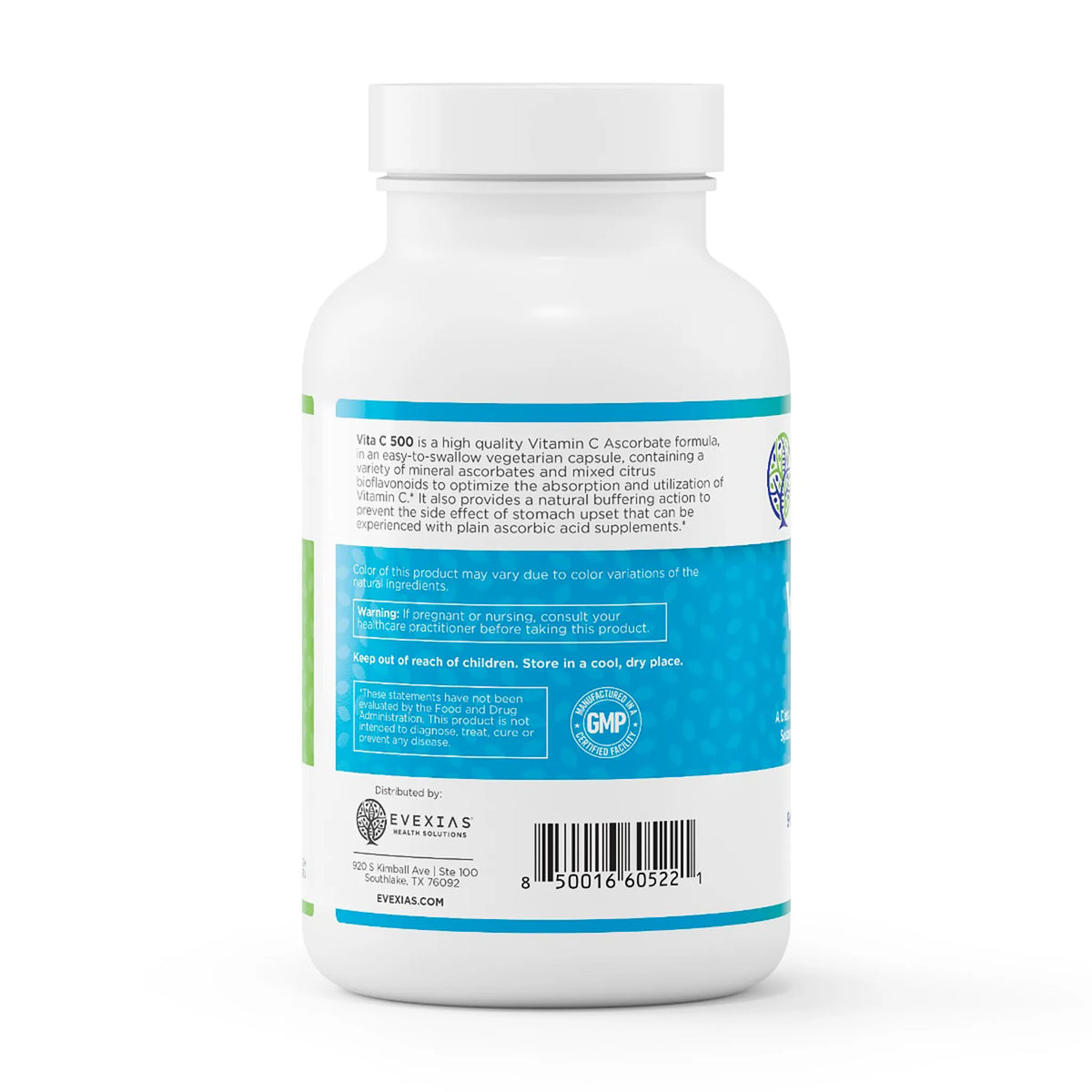 evexias health vita c 500 bottle information label