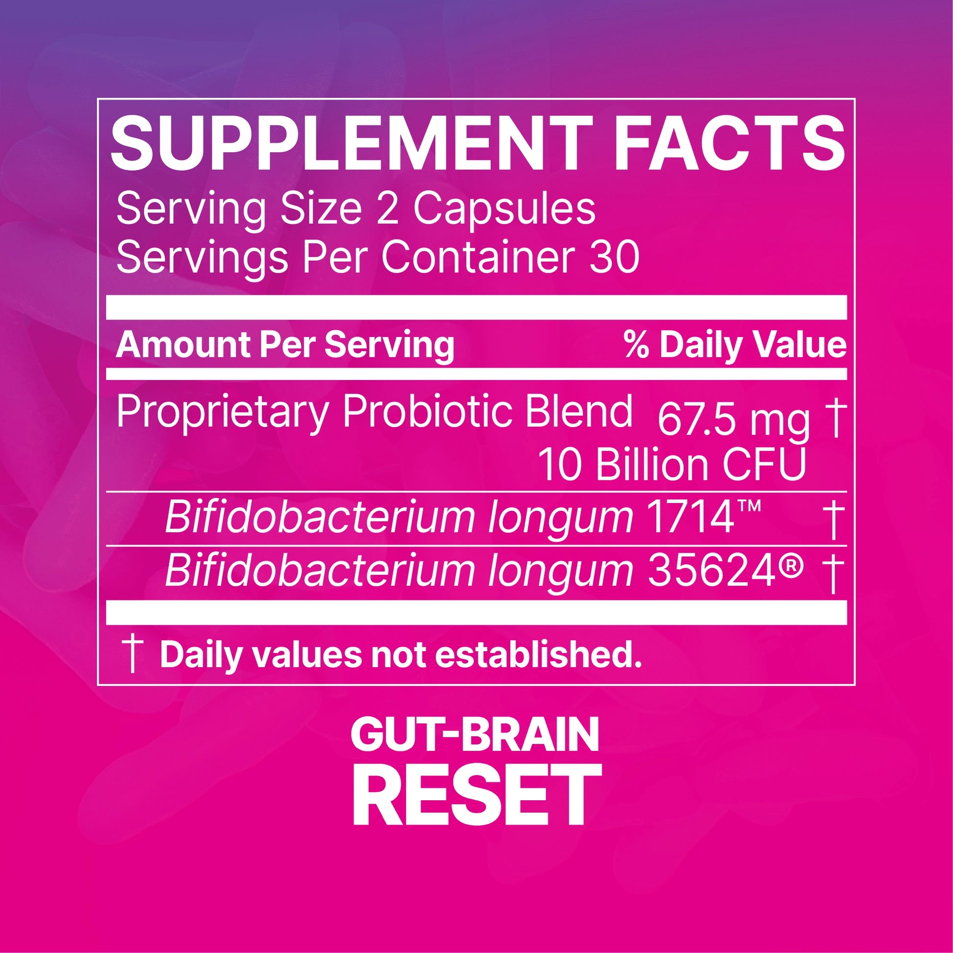 Probiotic facts label for a product called 'Gut-Brain Reset' on a pink background