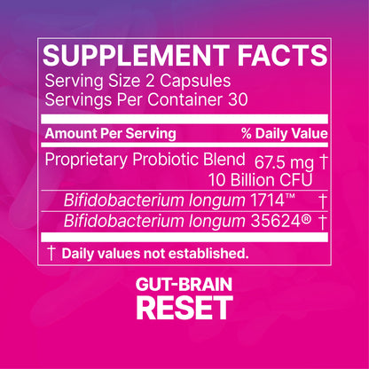 Probiotic facts label for a product called 'Gut-Brain Reset' on a pink background