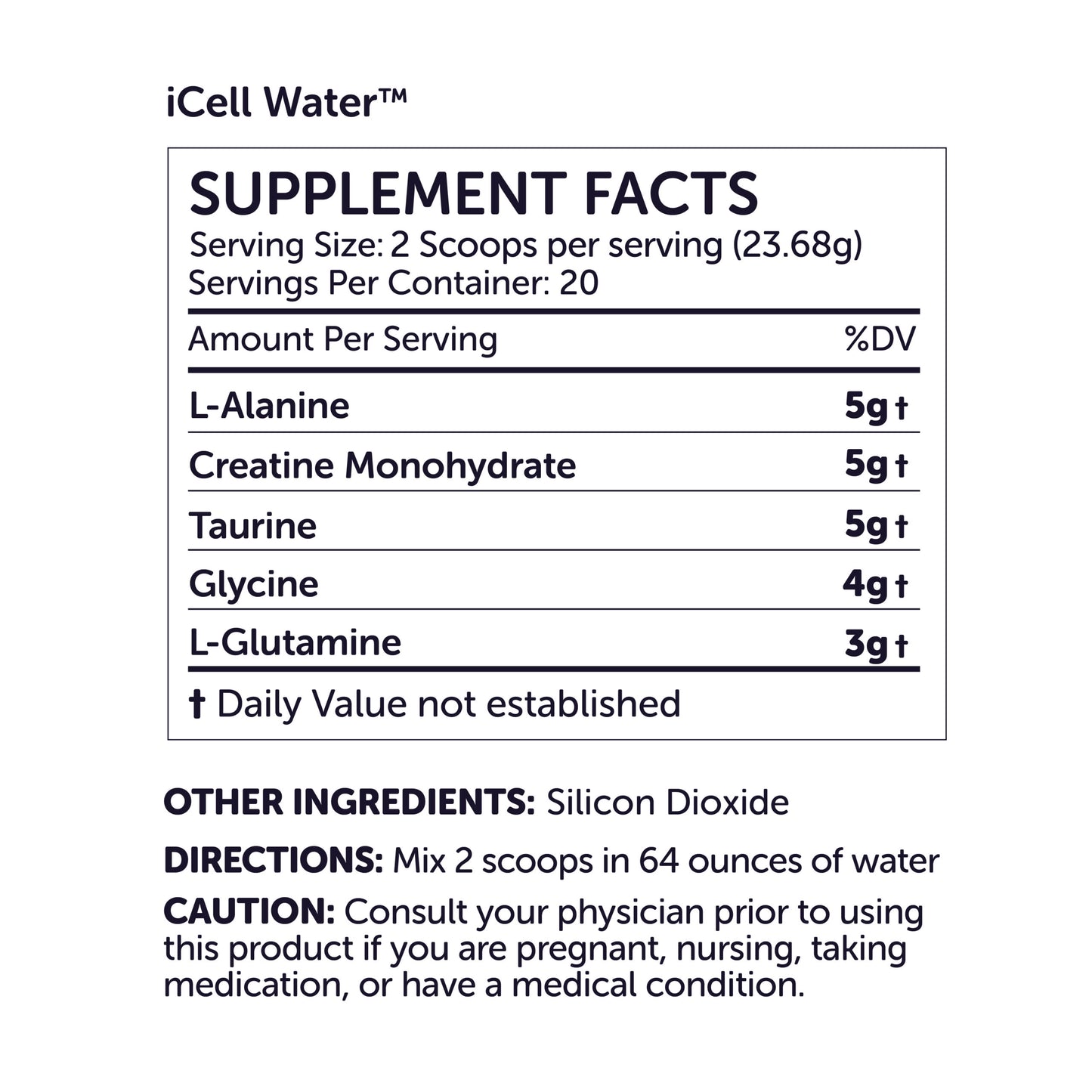 Supplement label for iCell Water with creatine and taurine.