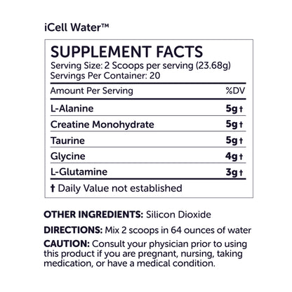 Supplement label for iCell Water with creatine and taurine.