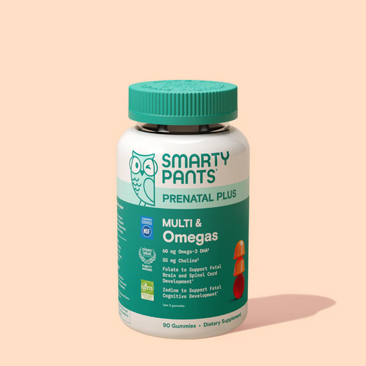 SmartyPants prenatal plus multivitamin bottle on a beige background