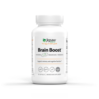 Bottle of Jigsaw Brain Boost magnesium supplement supporting memory and cognitive function.