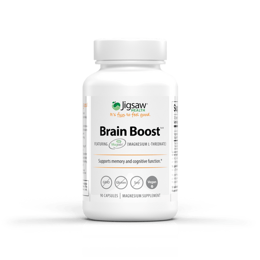 Bottle of Jigsaw Brain Boost magnesium supplement supporting memory and cognitive function.
