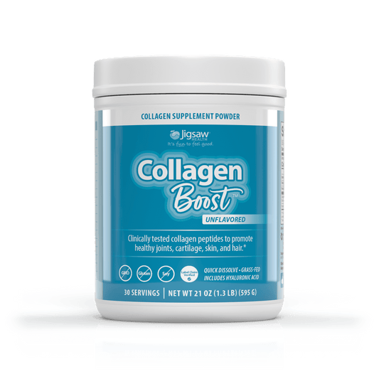 Jigsaw Collagen Boost® unflavored collagen supplement powder for healthy joints, cartilage, skin, hair, and nails.