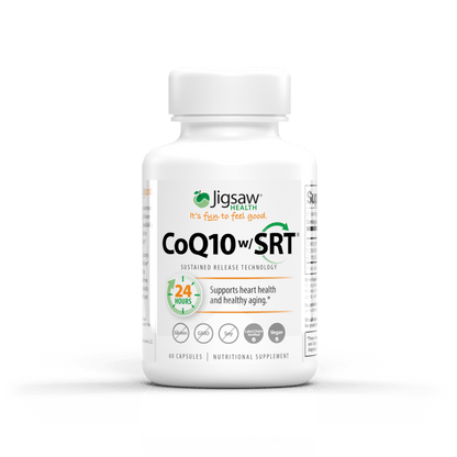 Jigsaw CoQ10 w/SRT supplement bottle for heart health with sustained release technology and 24-hour absorption
