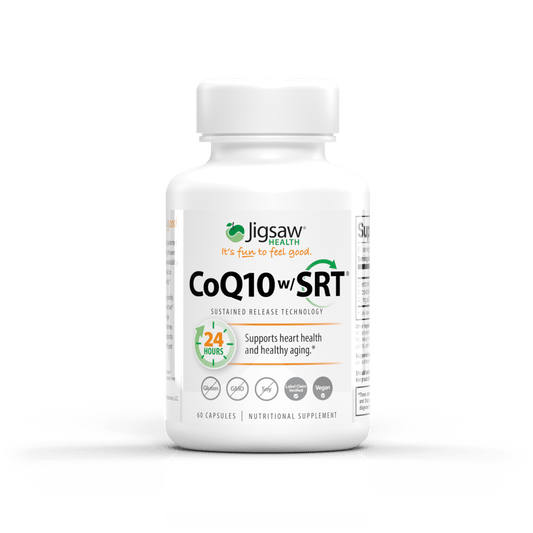 Jigsaw CoQ10 w/SRT supplement bottle for heart health with sustained release technology and 24-hour absorption
