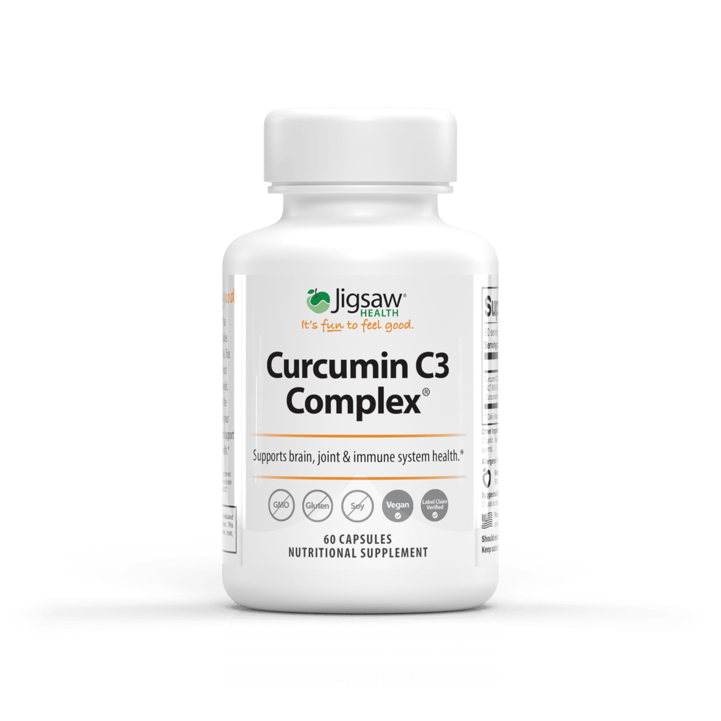 Jigsaw Curcumin C3 Complex supplement bottle supporting brain, joint, heart, and immune health with 60 capsules