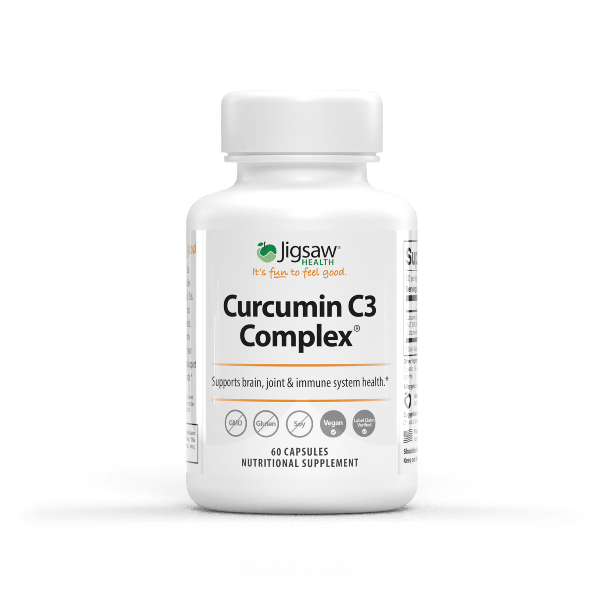 Jigsaw Curcumin C3 Complex supplement bottle supporting brain, joint, heart, and immune health with 60 capsules