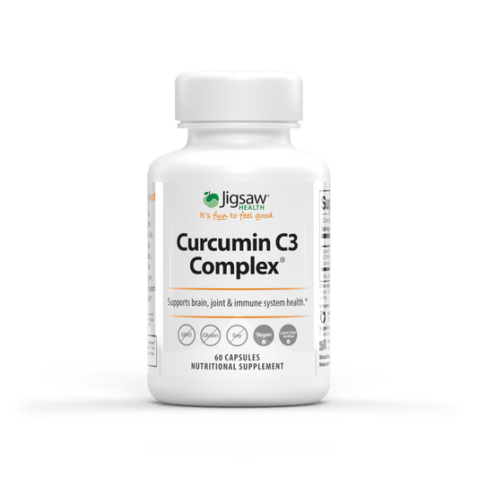 Jigsaw Curcumin C3 Complex supplement bottle supporting brain, joint, heart, and immune health with 60 capsules