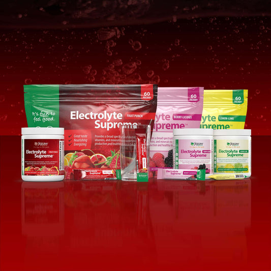 Jigsaw Electrolyte Supreme full-spectrum electrolyte powder variety pack with complementary minerals and vitamins for energy and hydration.