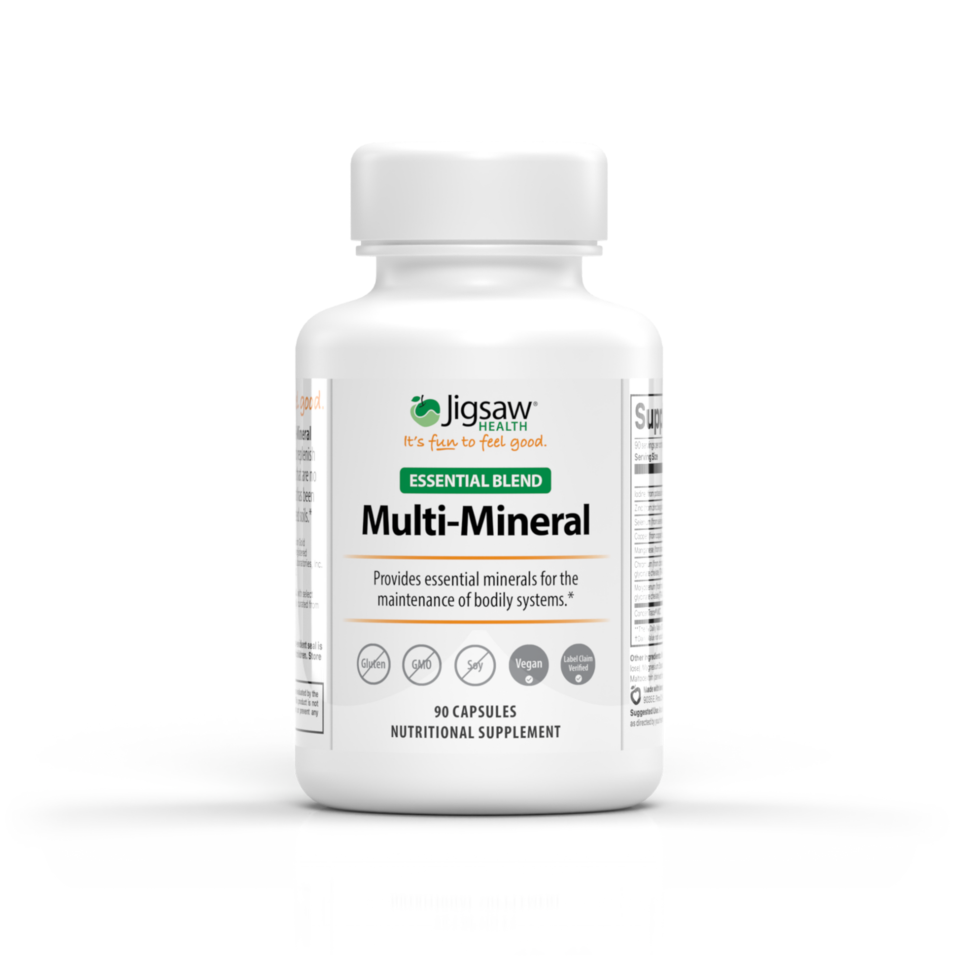 Jigsaw Multi-Mineral Essential Blend supplement bottle with 90 capsules for replenishing vital minerals and supporting healthy eyes and skin