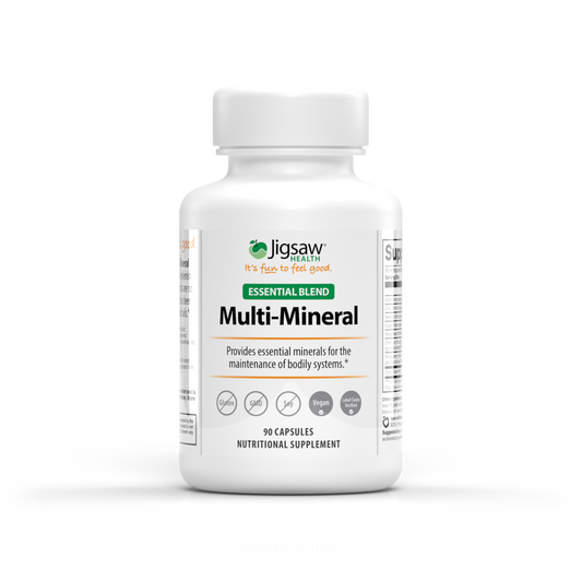 Jigsaw Multi-Mineral Essential Blend supplement bottle with 90 capsules for replenishing vital minerals and supporting healthy eyes and skin