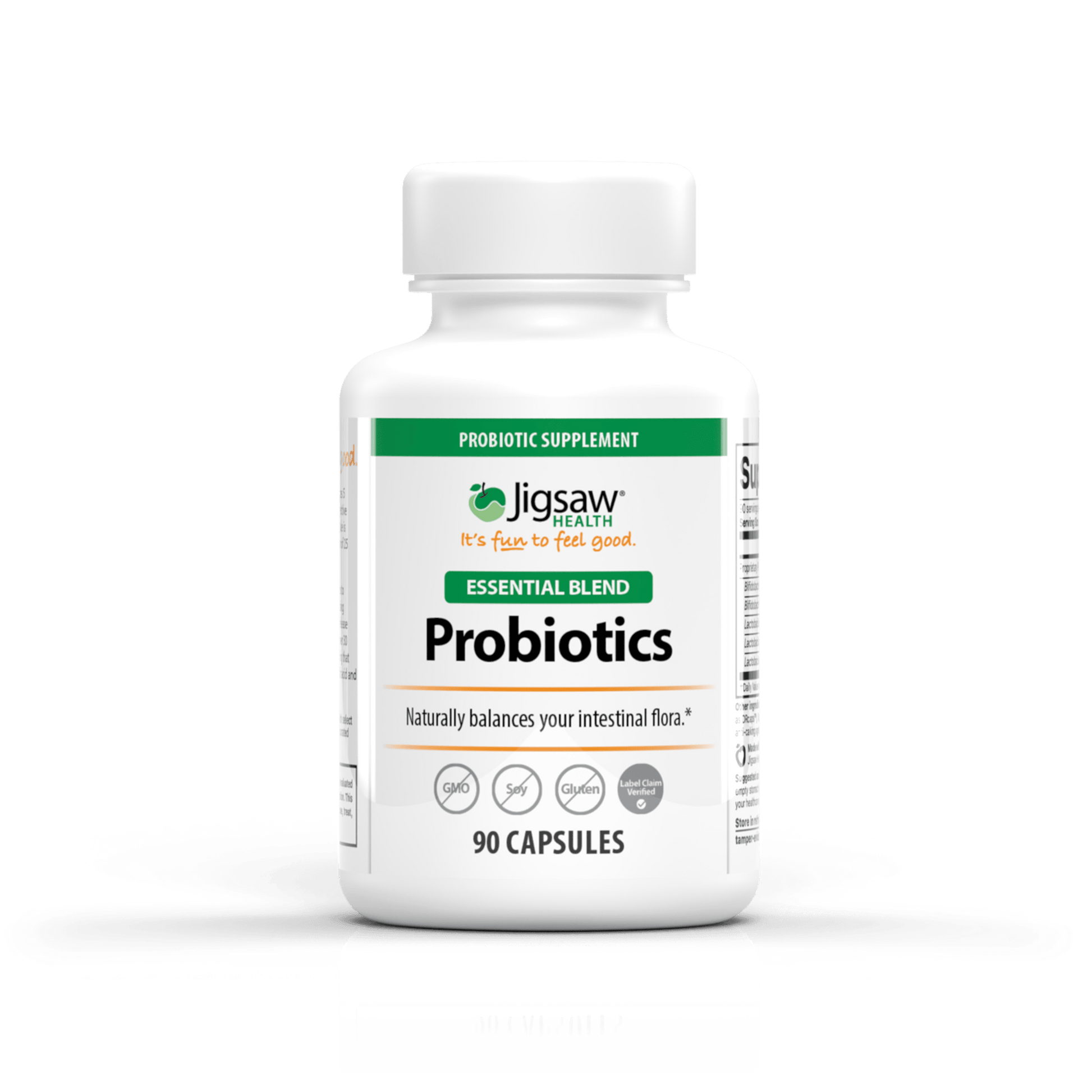Jigsaw Probiotics Essential Blend supplement bottle with 90 capsules for digestive and immune health support