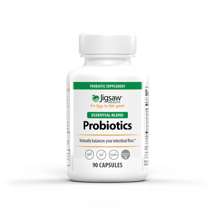 Jigsaw Probiotics Essential Blend supplement bottle with 90 capsules for digestive and immune health support