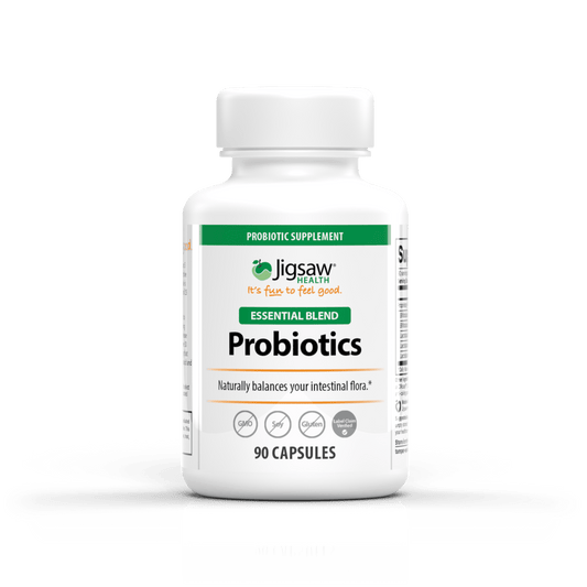 Jigsaw Probiotics Essential Blend supplement bottle with 90 capsules for digestive and immune health support