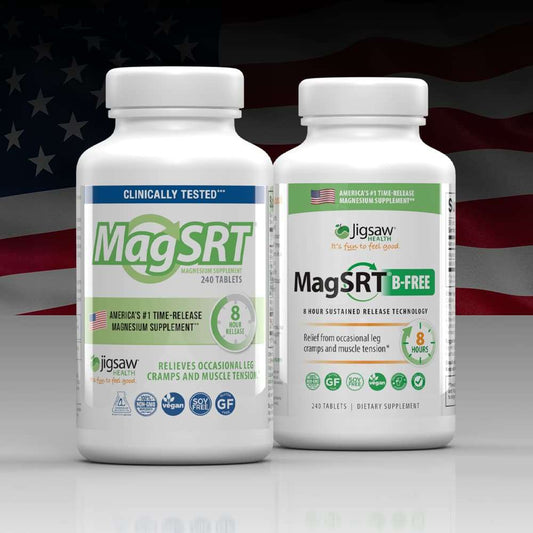 Jigsaw Magnesium w/SRT® time-release magnesium supplement bottles, original and B-Free formula, against American flag background.
