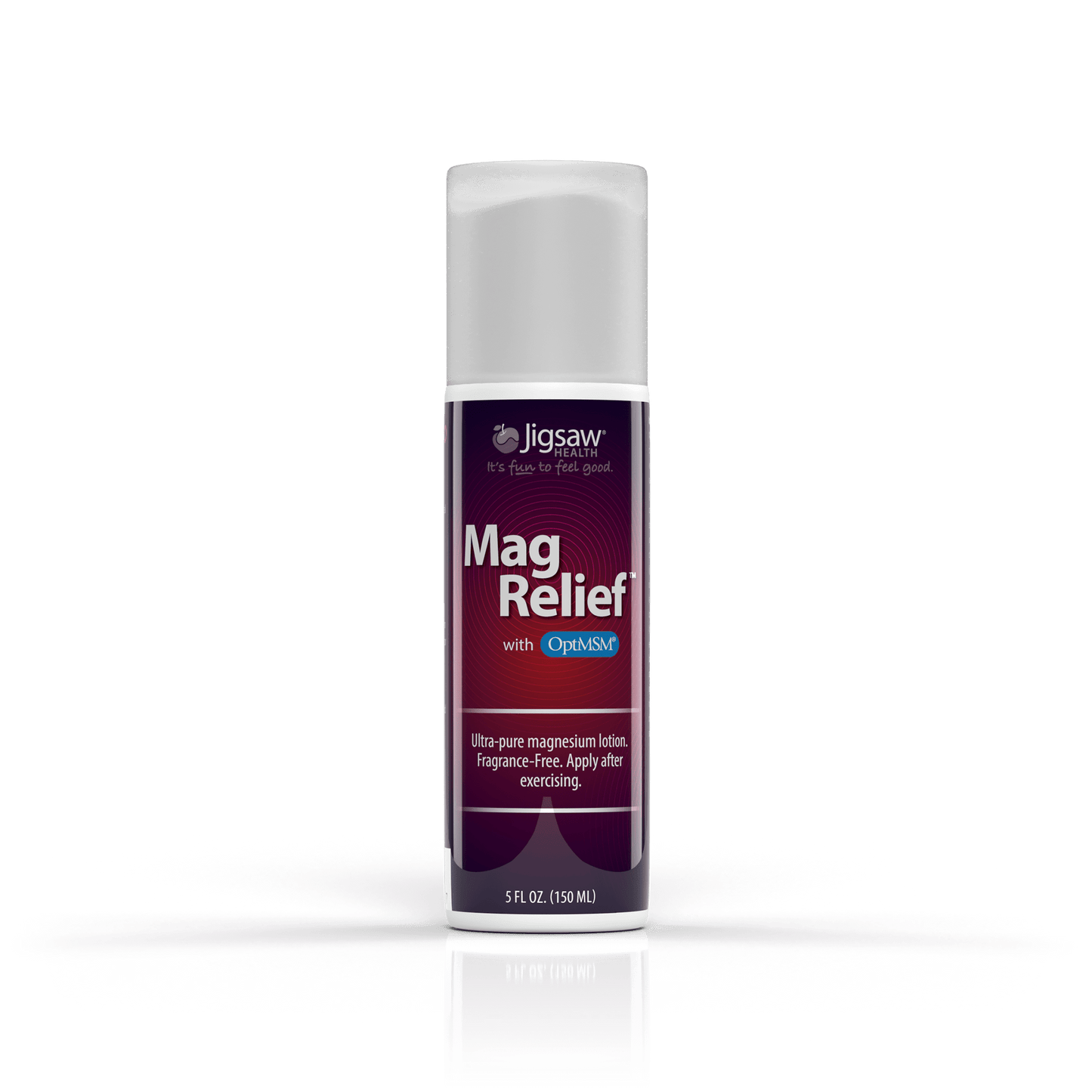 Jigsaw MagRelief magnesium lotion bottle for post-exercise muscle relief, fragrance-free and made with organic oils, 5 fl oz.