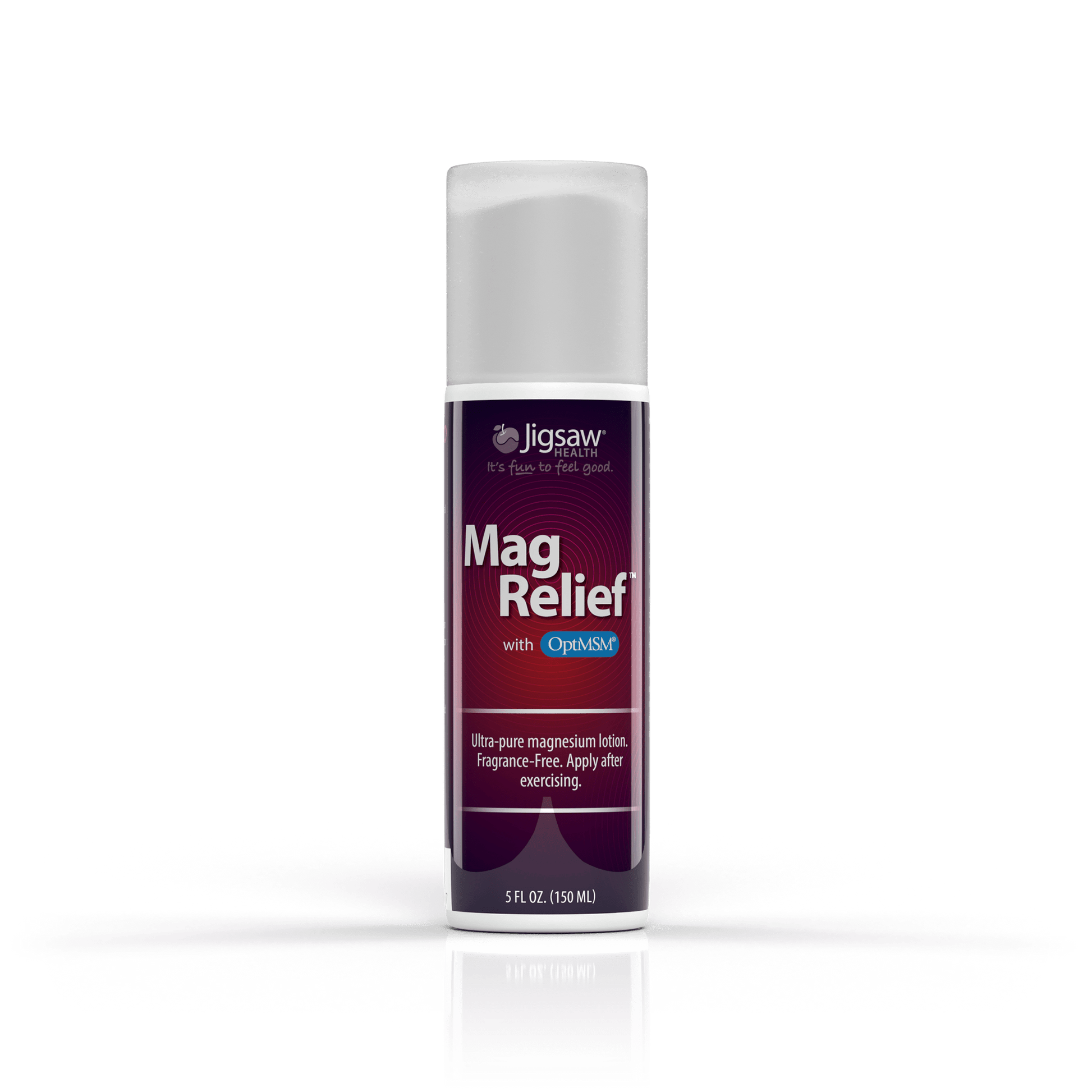 Jigsaw MagRelief magnesium lotion bottle for post-exercise muscle relief, fragrance-free and made with organic oils, 5 fl oz.