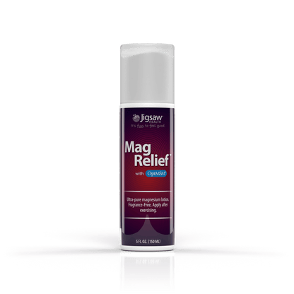 Jigsaw MagRelief magnesium lotion bottle for post-exercise muscle relief, fragrance-free and made with organic oils, 5 fl oz.