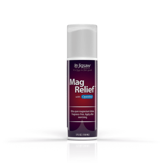 Jigsaw MagRelief magnesium lotion bottle for post-exercise muscle relief, fragrance-free and made with organic oils, 5 fl oz.